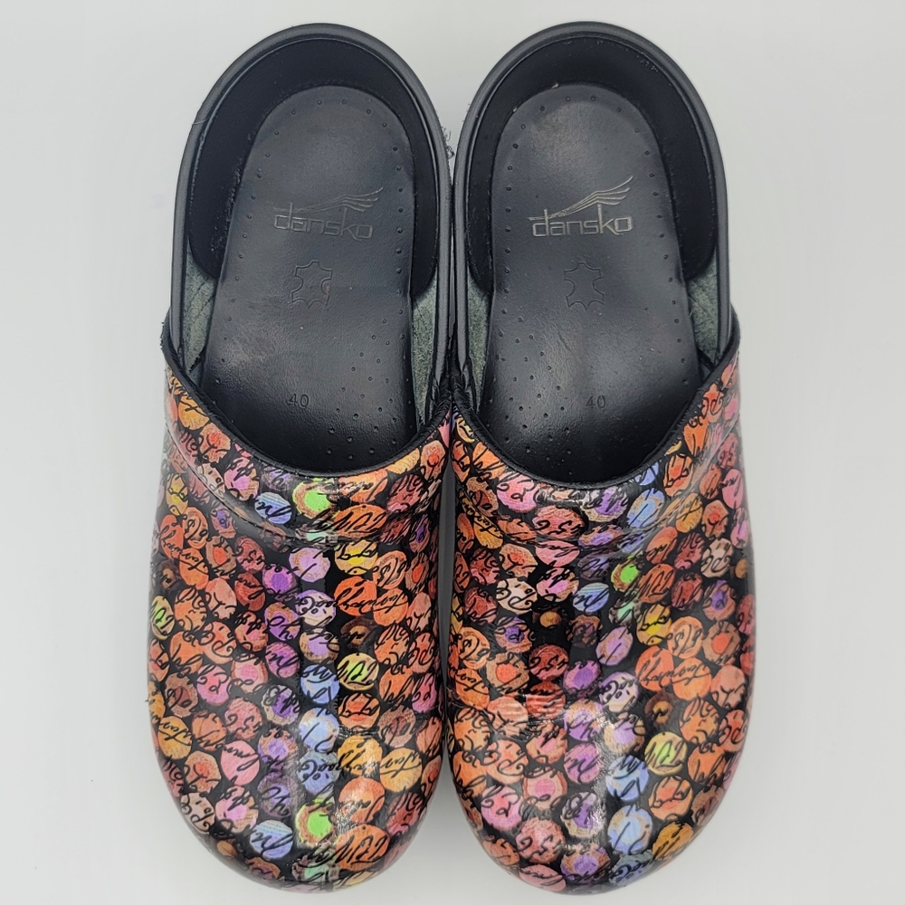 Dansko Viola Multicolor Dot/Cursive Slip On Nurse Clogs Women EU 40 US 9.5 - 10 - Picture 4 of 11